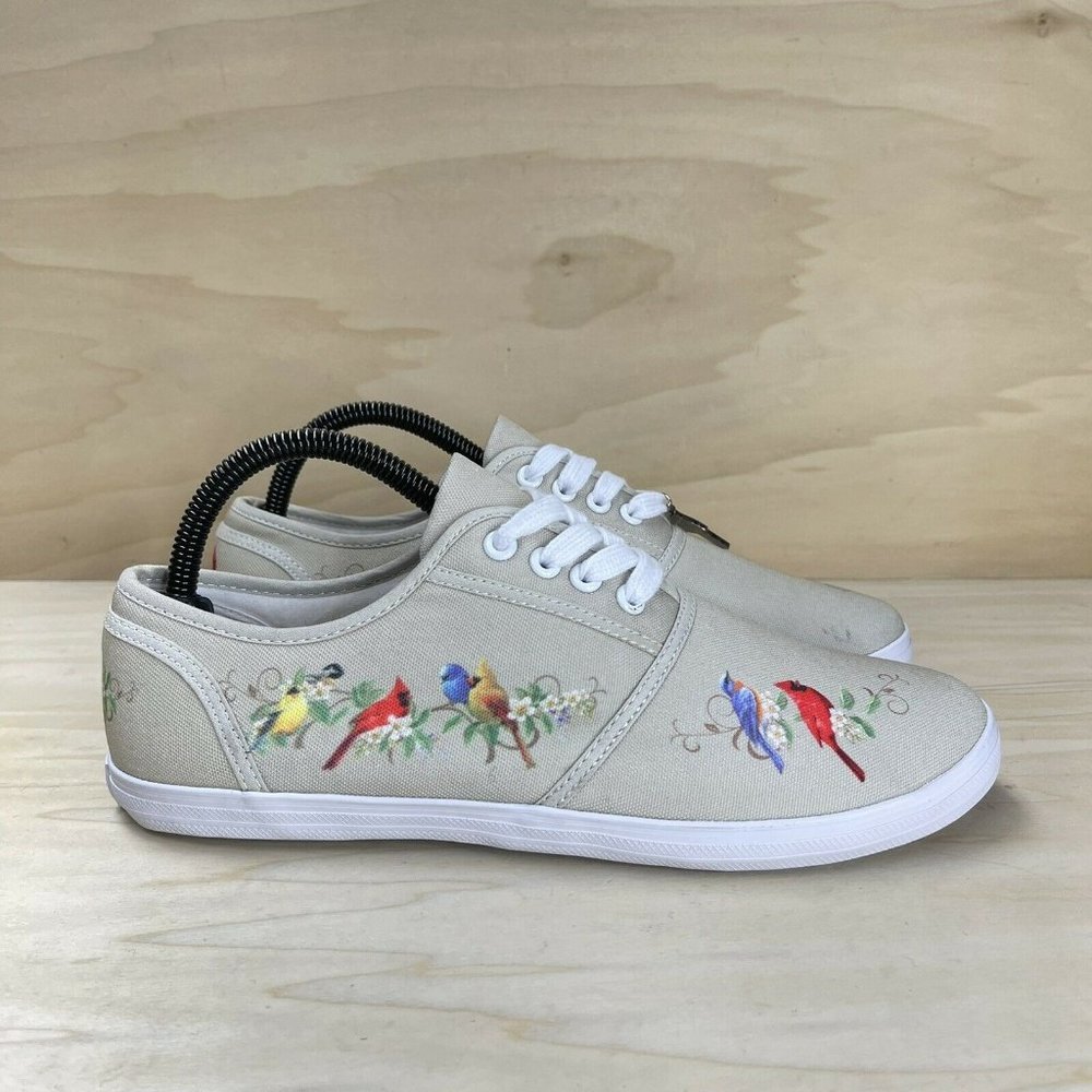 Bradford Exchange Womens Natures Symphony Cardinal Birds Canvas Shoes Tan Sz 9.5